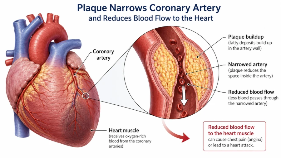 Diagram showing plaque narrowing a coronary artery and reducing blood flow to the heart.