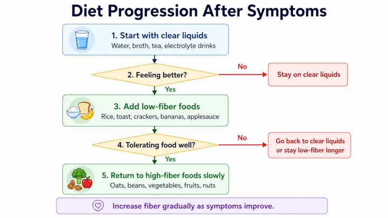 Flowchart showing clear liquids, low-fiber foods, and return to high-fiber foods after symptoms improve.