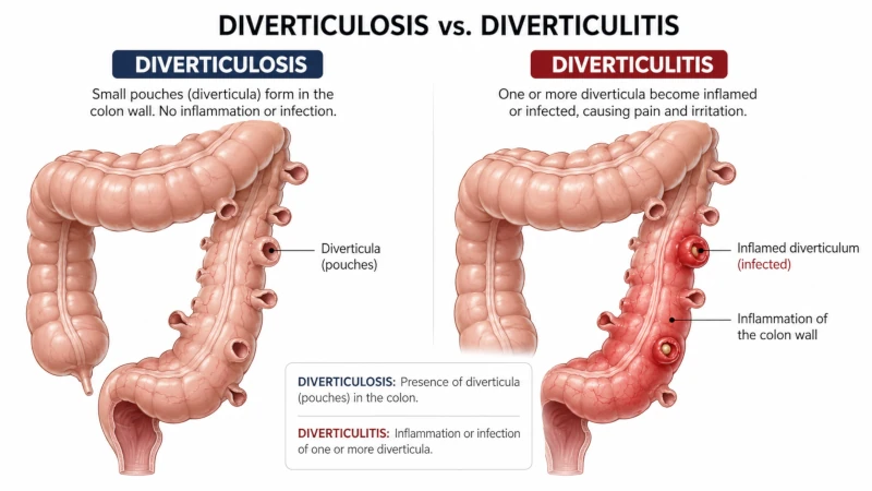 Illustration showing colon pouches in diverticulosis and inflammation in diverticulitis.