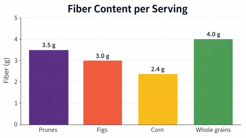 Bar chart comparing fiber content per serving of prunes, figs, corn, and whole grains.