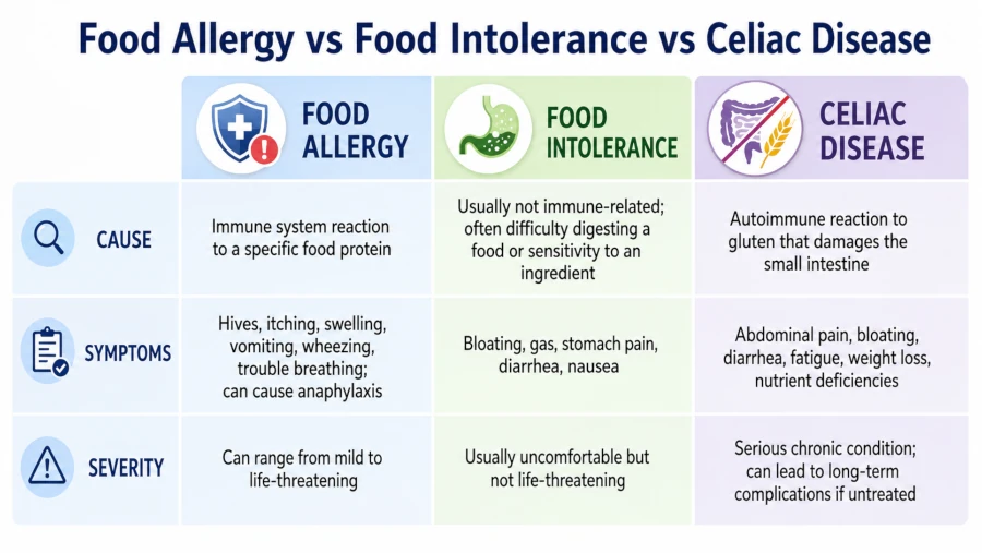 Chart comparing food allergy, food intolerance, and celiac disease by cause, symptoms, and severity.