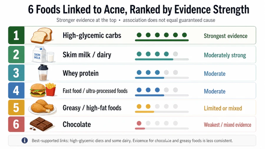 Chart ranking six foods that cause acne by evidence strength, from high-glycemic carbs to chocolate.