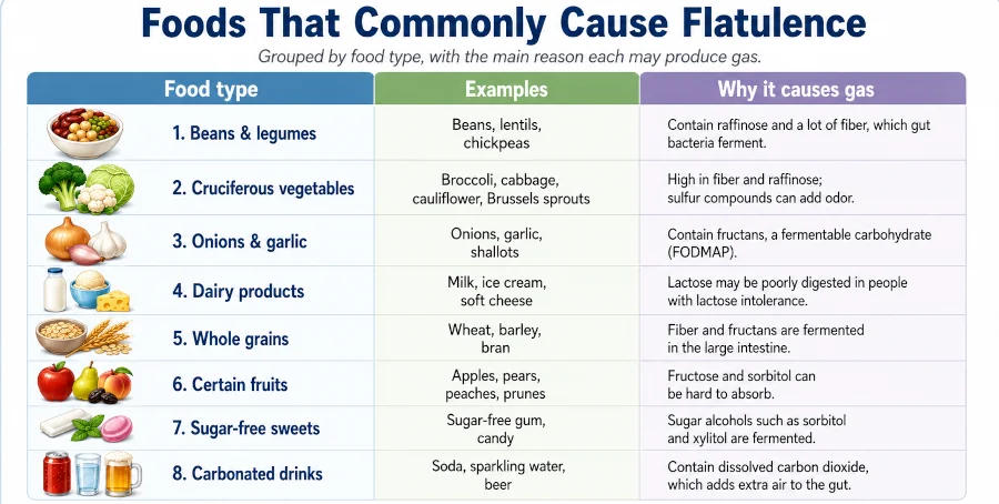 Chart of foods that cause flatulence grouped by type with the reason each produces gas.