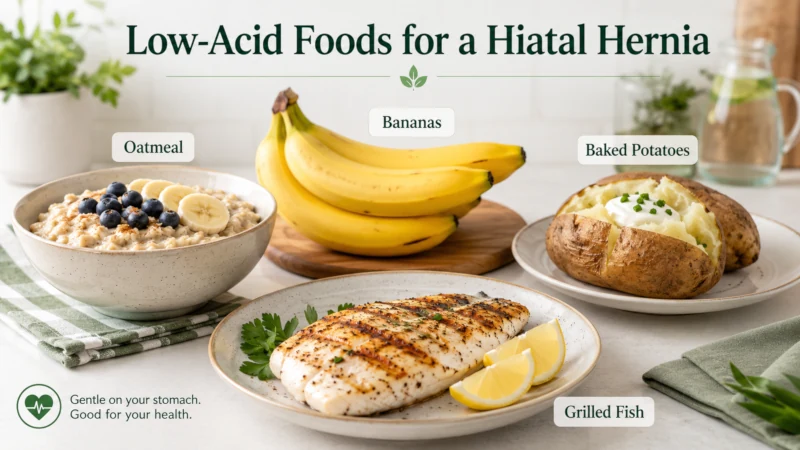 Oatmeal, bananas, baked potatoes, and grilled fish, four low-acid foods for a hiatal hernia.