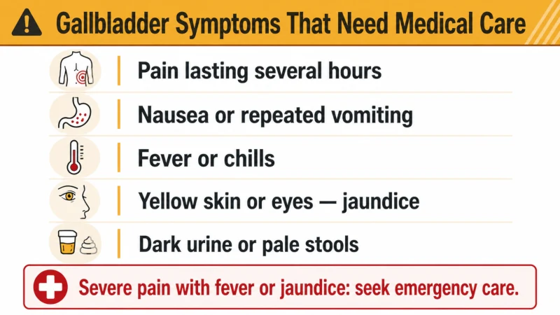 Gallbladder warning signs needing prompt medical care including lasting abdominal pain, vomiting, fever, jaundice, dark urine, and pale stools.