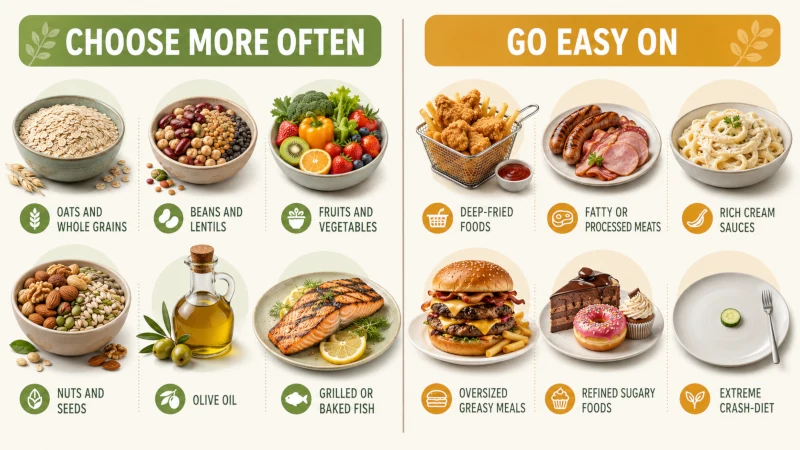 Gallbladder-friendly foods such as whole grains, vegetables, fish, nuts, and olive oil compared with fried and high-fat foods to limit.
