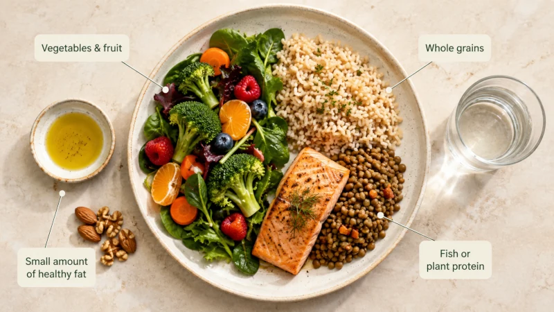 Balanced gallbladder-friendly meal with vegetables, fruit, whole grains, salmon, lentils, olive oil, and nuts.