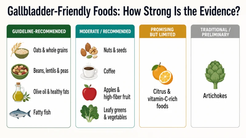 Evidence chart comparing ten gallbladder-friendly foods from guideline-recommended choices to foods with limited or traditional evidence.