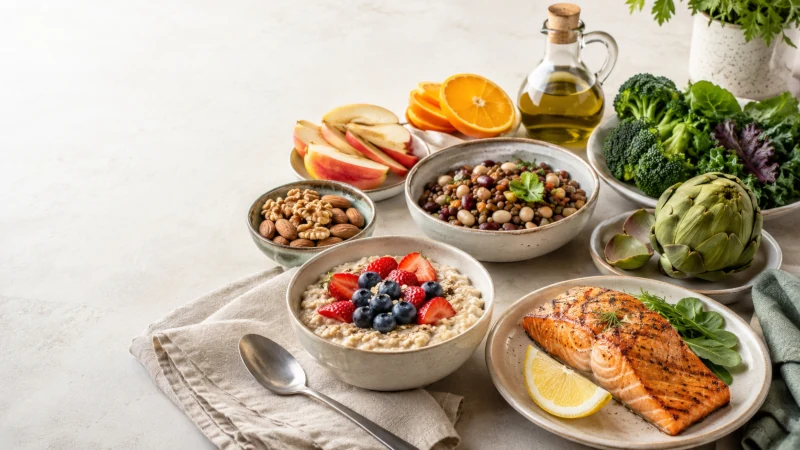 Gallbladder-friendly foods including whole grains, vegetables, fruit, salmon, lentils, nuts, and olive oil arranged on a table.