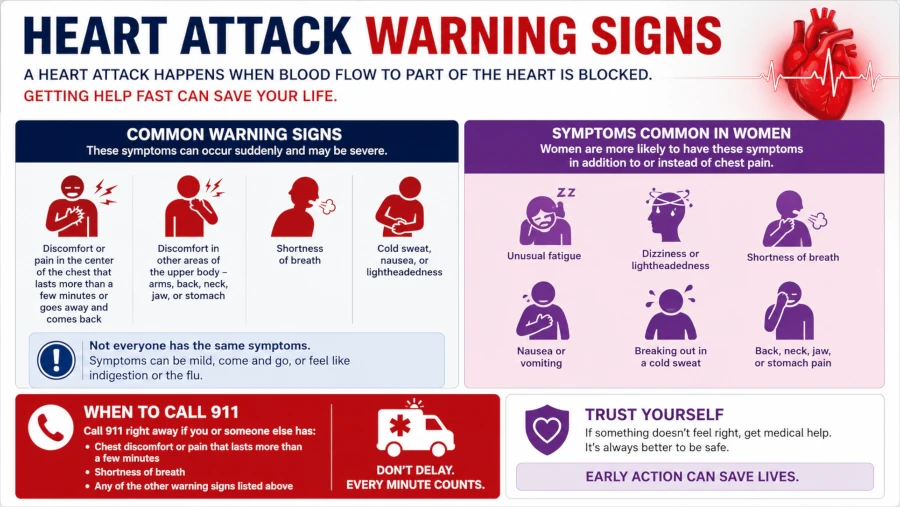 Warning signs of a heart attack and when to call 911, including symptoms common in women.