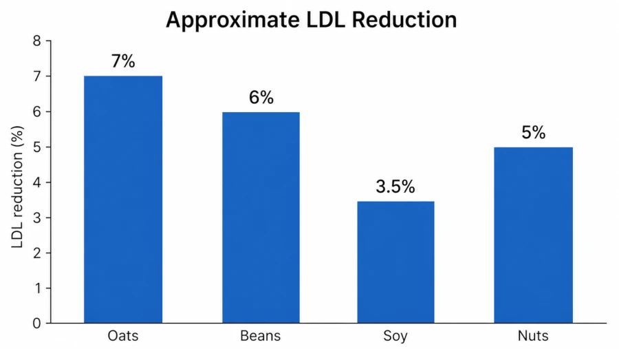 Bar chart of approximate LDL cholesterol reduction from oats, beans, soy, and nuts.