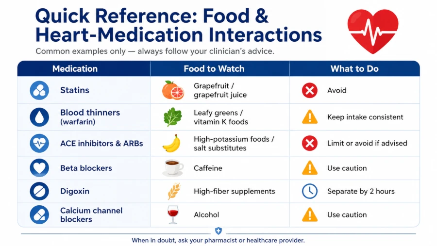 Quick reference of common food and heart-medication interactions.