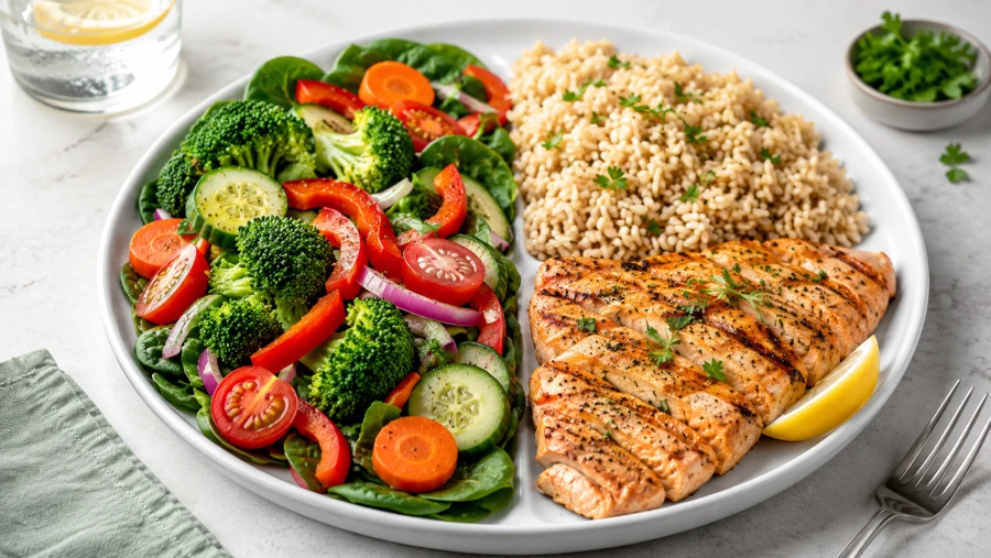 Heart-healthy plate divided into vegetables, whole grains, and lean protein.