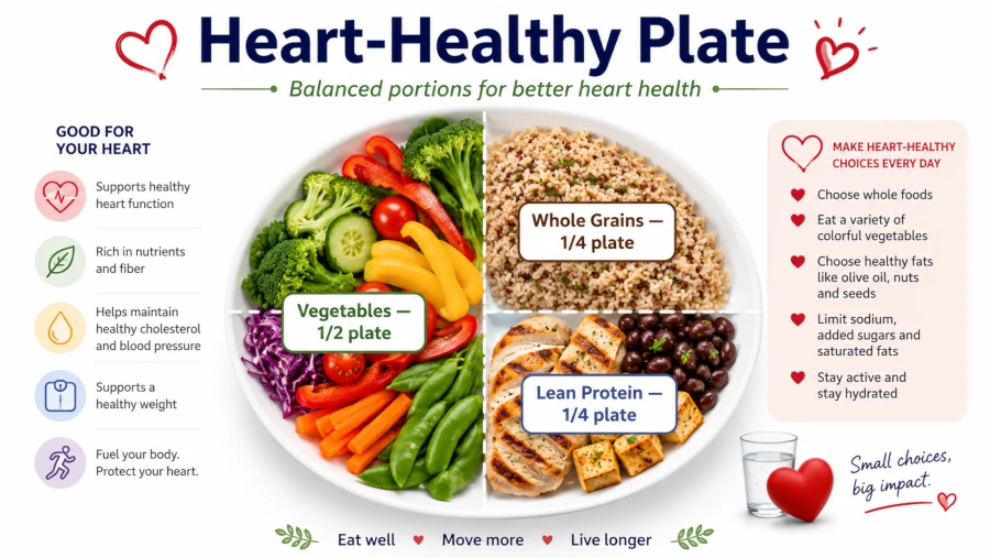 Plate diagram showing portions of vegetables, whole grains, and lean protein for heart health.