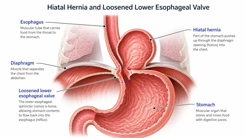 Diagram showing the stomach pushing through the diaphragm and a loosened lower esophageal valve.