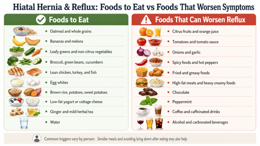 Comparison chart of foods to eat with hiatal hernia versus foods that worsen reflux with a hiatal hernia