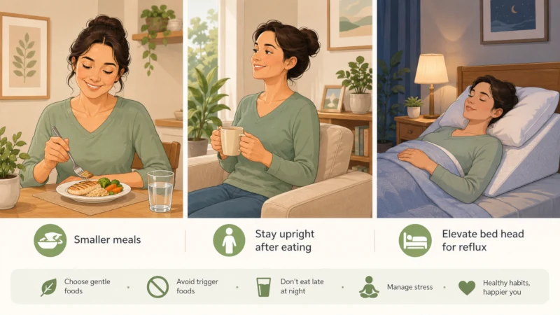 Illustration of smaller meals, staying upright after eating, and an elevated bed head for reflux.