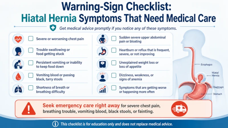 Warning-sign checklist for hiatal hernia symptoms that need medical care.