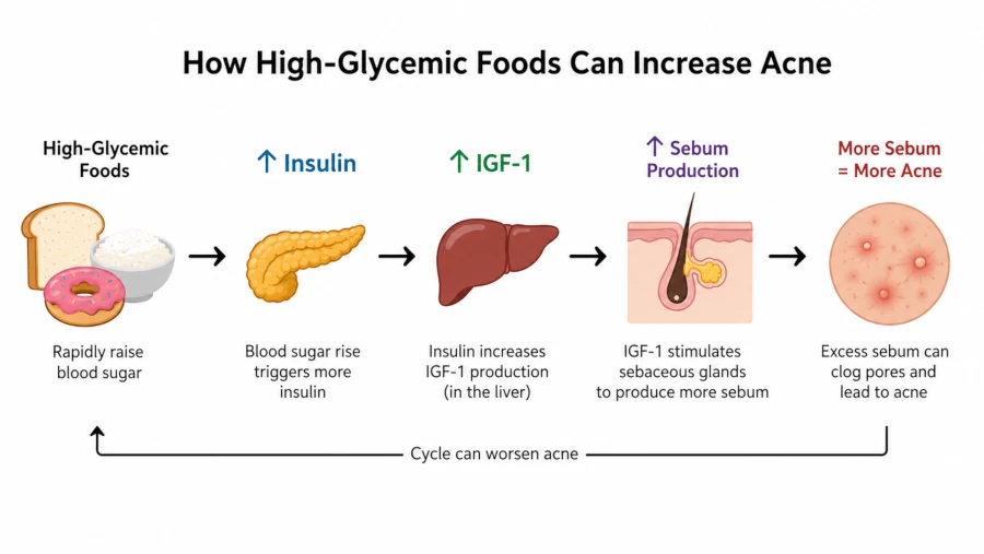 Diagram showing how high-glycemic foods raise insulin and IGF-1, increasing sebum and acne.