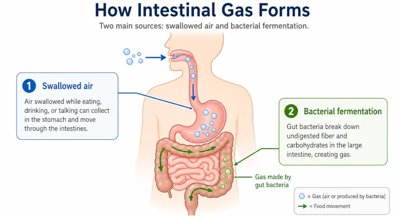 Diagram showing intestinal gas forming from swallowed air and bacterial fermentation in the large intestine.