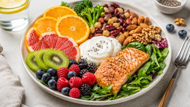 Colorful plate of immune system boosting foods with citrus, kiwi, berries, leafy greens, beans, nuts, yogurt, and salmon