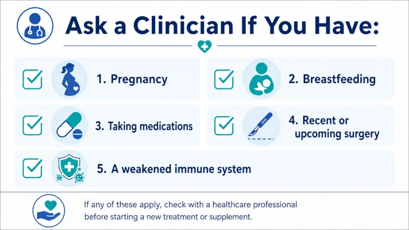 Checklist showing pregnancy, breastfeeding, medications, surgery, and immune compromise as reasons to ask a clinician