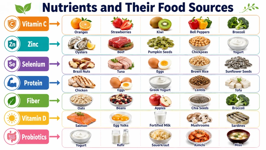 Chart linking vitamin C, zinc, selenium, protein, fiber, vitamin D, and probiotics to food sources