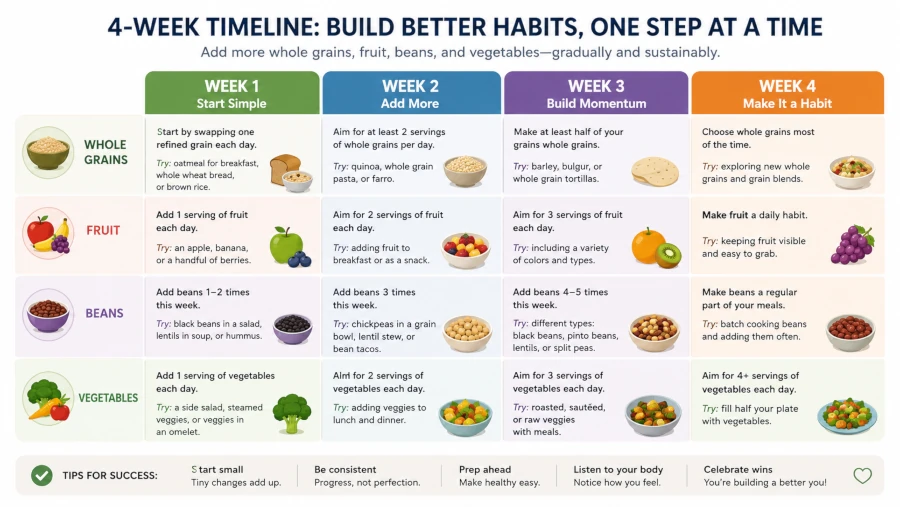 Four-week timeline for gradually adding whole grains, fruit, beans, and vegetables.