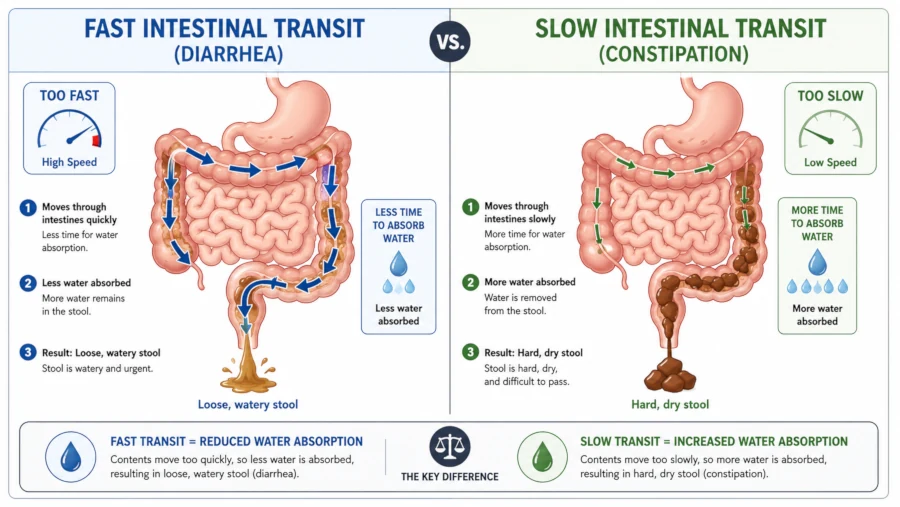 Diagram comparing fast intestinal transit (diarrhea) and slow intestinal transit (constipation).