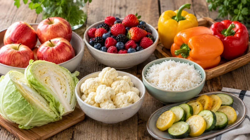 Seven kidney-friendly foods including apples, berries, bell peppers, cabbage, cauliflower, summer squash, and white rice arranged on a table
