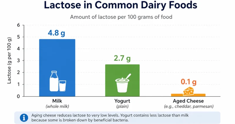 Bar chart comparing lactose in milk, yogurt, and aged cheese.