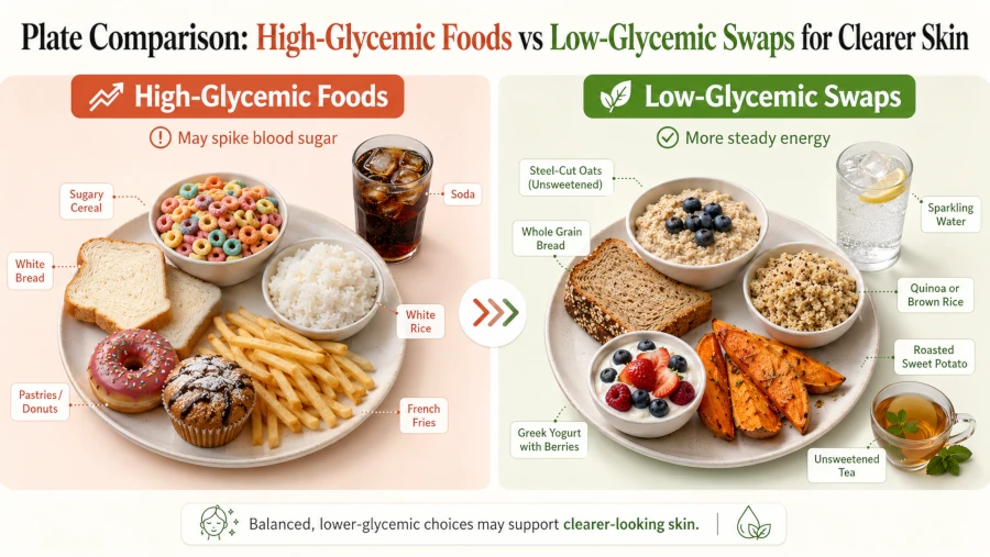 Plate comparison of high-glycemic foods versus low-glycemic swaps for clearer skin.
