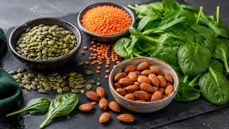Assortment of magnesium-rich foods including pumpkin seeds, lentils, spinach, and almonds on a slate board