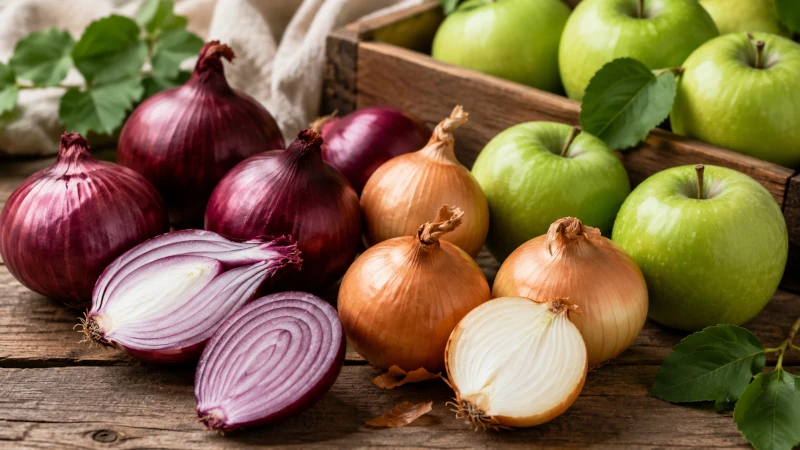 Red and yellow onions and green apples on a wooden surface — both are quercetin-rich foods that may support asthma management