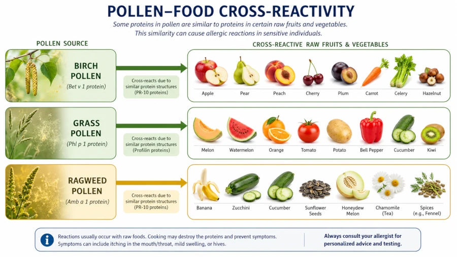 Diagram linking birch, grass, and ragweed pollen to the raw fruits and vegetables that cross-react.
