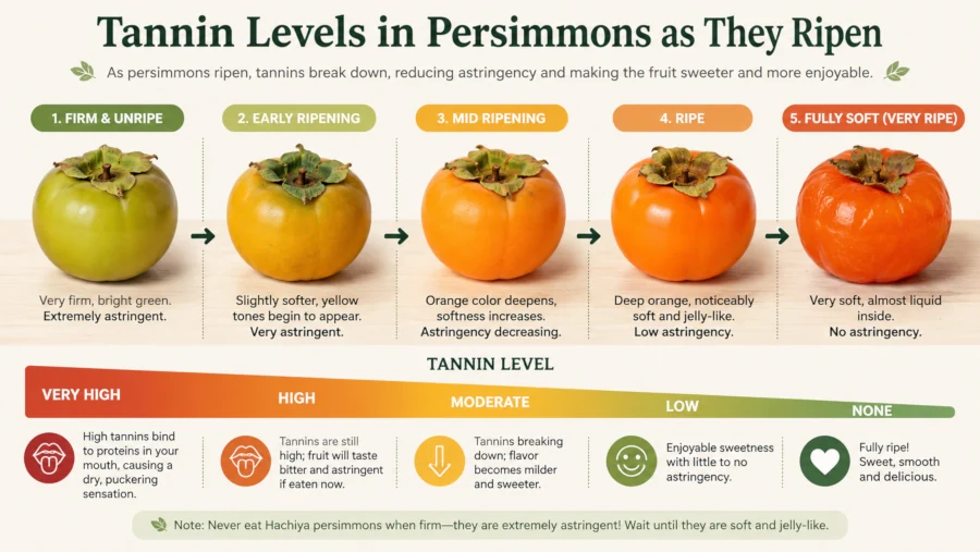 Visual guide showing tannin levels decreasing as persimmons ripen from firm to soft, which is one of the best foods for the intestines.