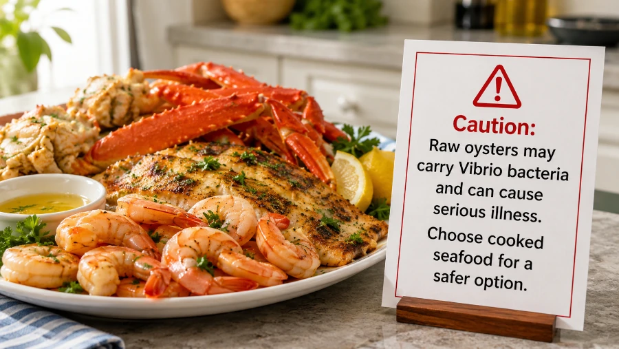 Cooked seafood beside a caution note about raw oysters and Vibrio risk