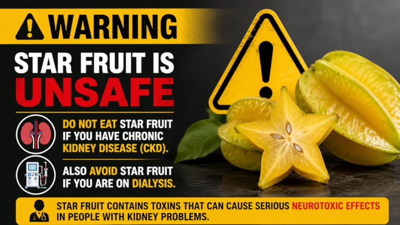 Warning icon noting star fruit is unsafe for people with chronic kidney disease or on dialysis.