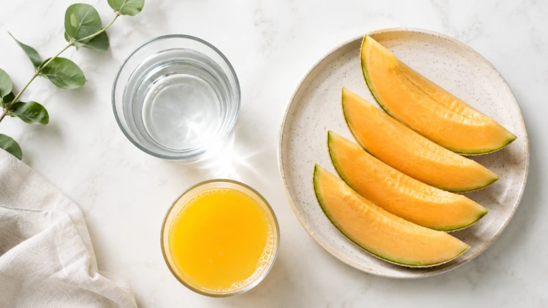 water, fruit juice, and melon — hydration foods for fever recovery.