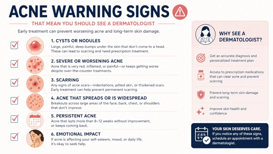 Checklist of acne warning signs that mean you should see a dermatologist, including cysts and scarring.