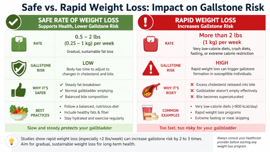 Chart contrasting a safe rate of weight loss with rapid weight loss that raises gallstone risk