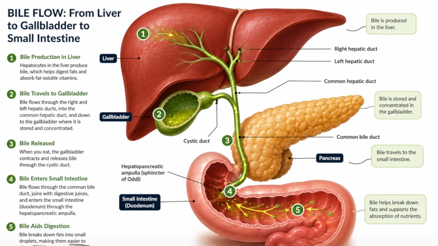 Diagram showing bile flowing from the liver to the gallbladder and into the small intestine