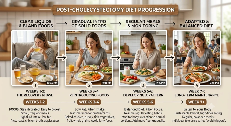 Timeline showing how eating changes in the weeks after gallbladder removal surgery.