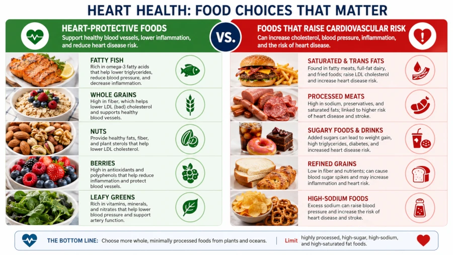 Foods that clear arteries chart comparing heart-protective foods with foods that raise cardiovascular risk. 