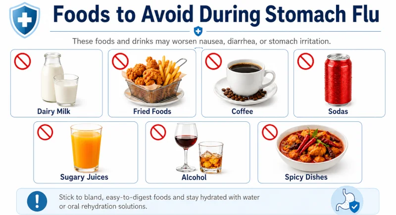 Visual chart showing foods to avoid during stomach flu, including dairy milk, fried foods, coffee, sodas, sugary juices, alcohol, and spicy dishes.