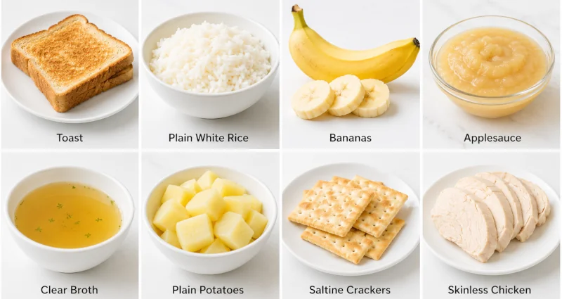 Photographic grid of recommended bland foods to eat with stomach flu including toast, plain rice, bananas, applesauce, clear broth, plain potatoes, saltine crackers, and skinless chicken.