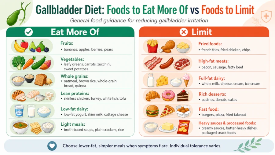 Comparison chart of foods to eat more of and foods to limit on a gallbladder diet