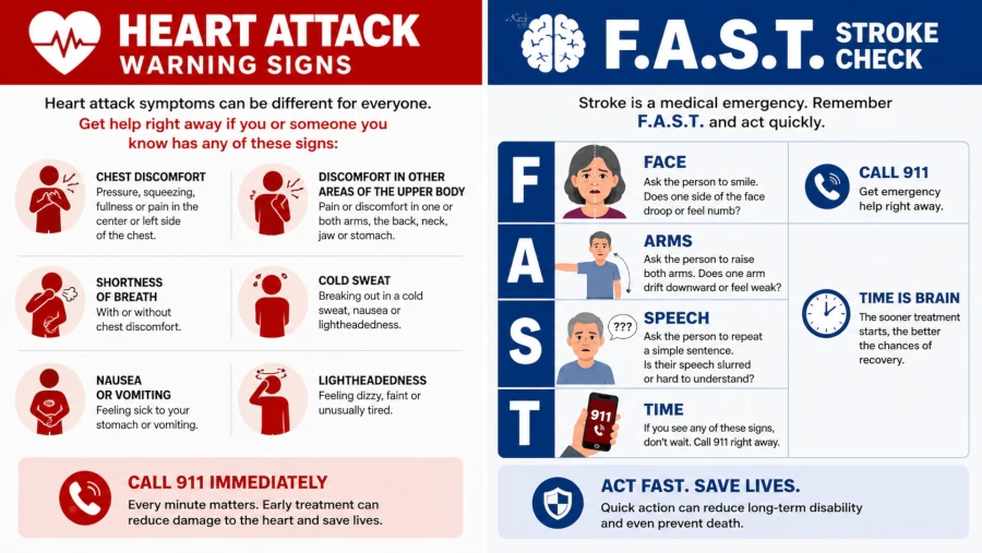 Heart attack warning signs and the F.A.S.T. stroke check.