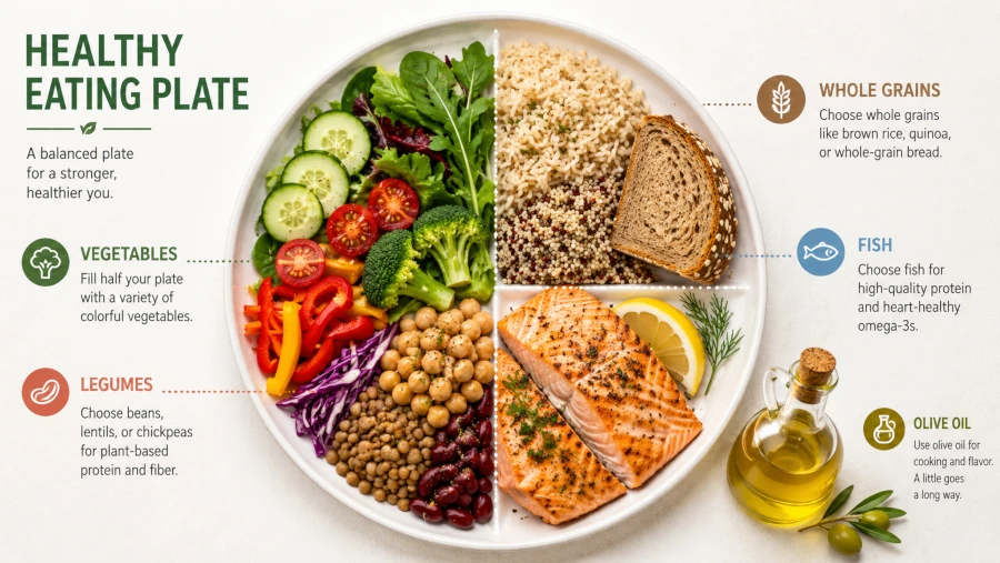 Plate diagram showing vegetables, whole grains, legumes, fish, and olive oil.