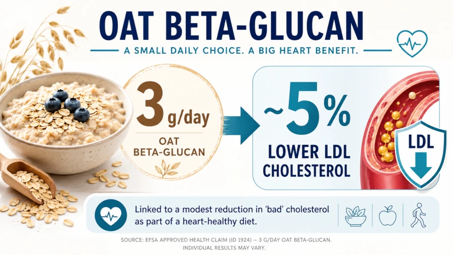 Graphic showing oat beta-glucan amount linked to a 5% LDL cholesterol reduction.